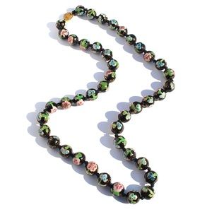 Vintage Chinese Knotted Cloisonne Beaded Necklace Strand Large Black Beads 26.5”
